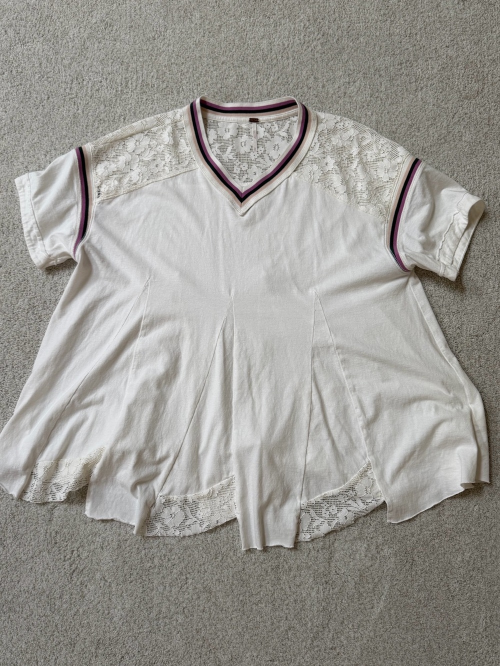 Free People Cream Lace V-Neck Tee with Pink and Dark Trim
